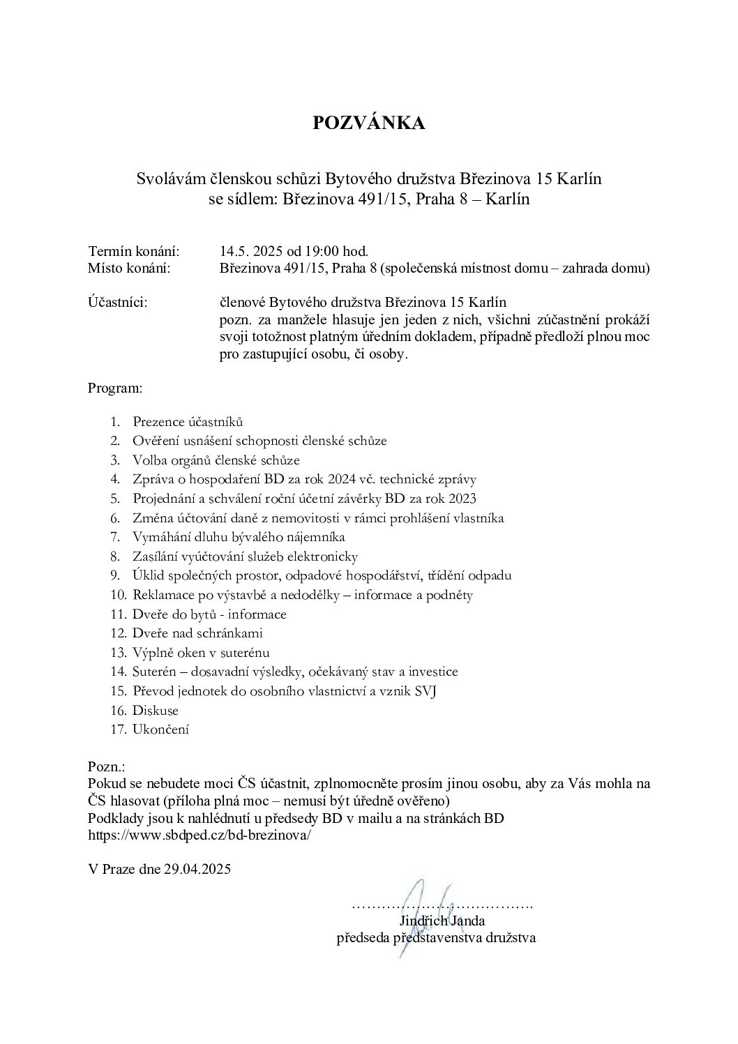 Pozvánka schůze květen 2025