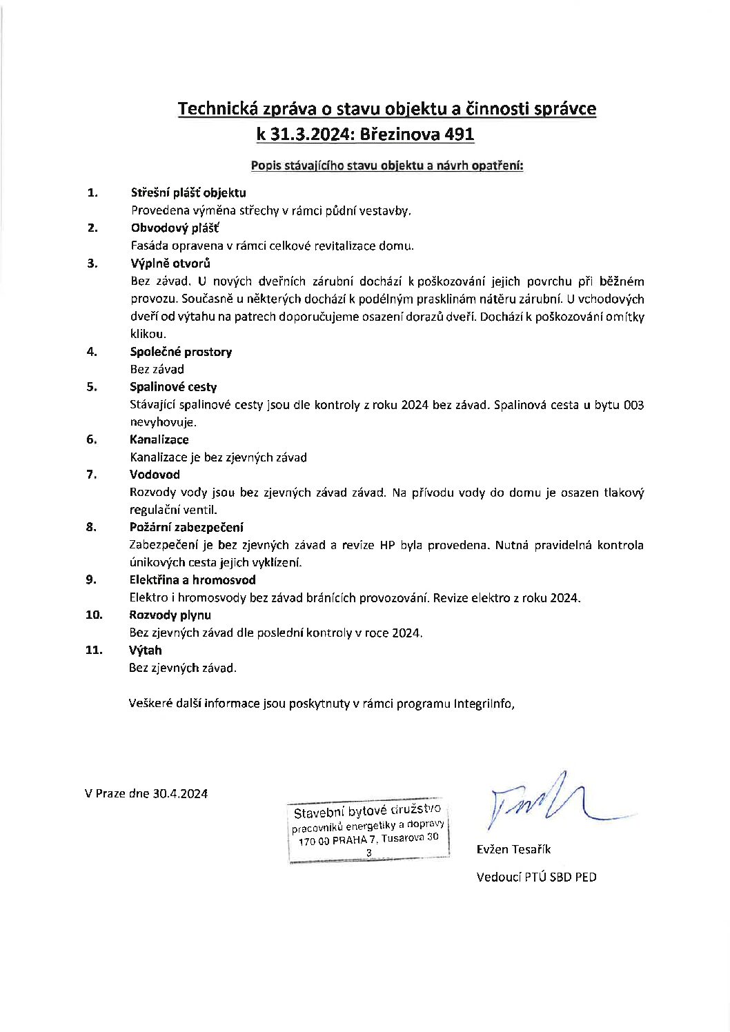Technická zpráva o stavu objektu 901 Březinova 491 za rok 2024