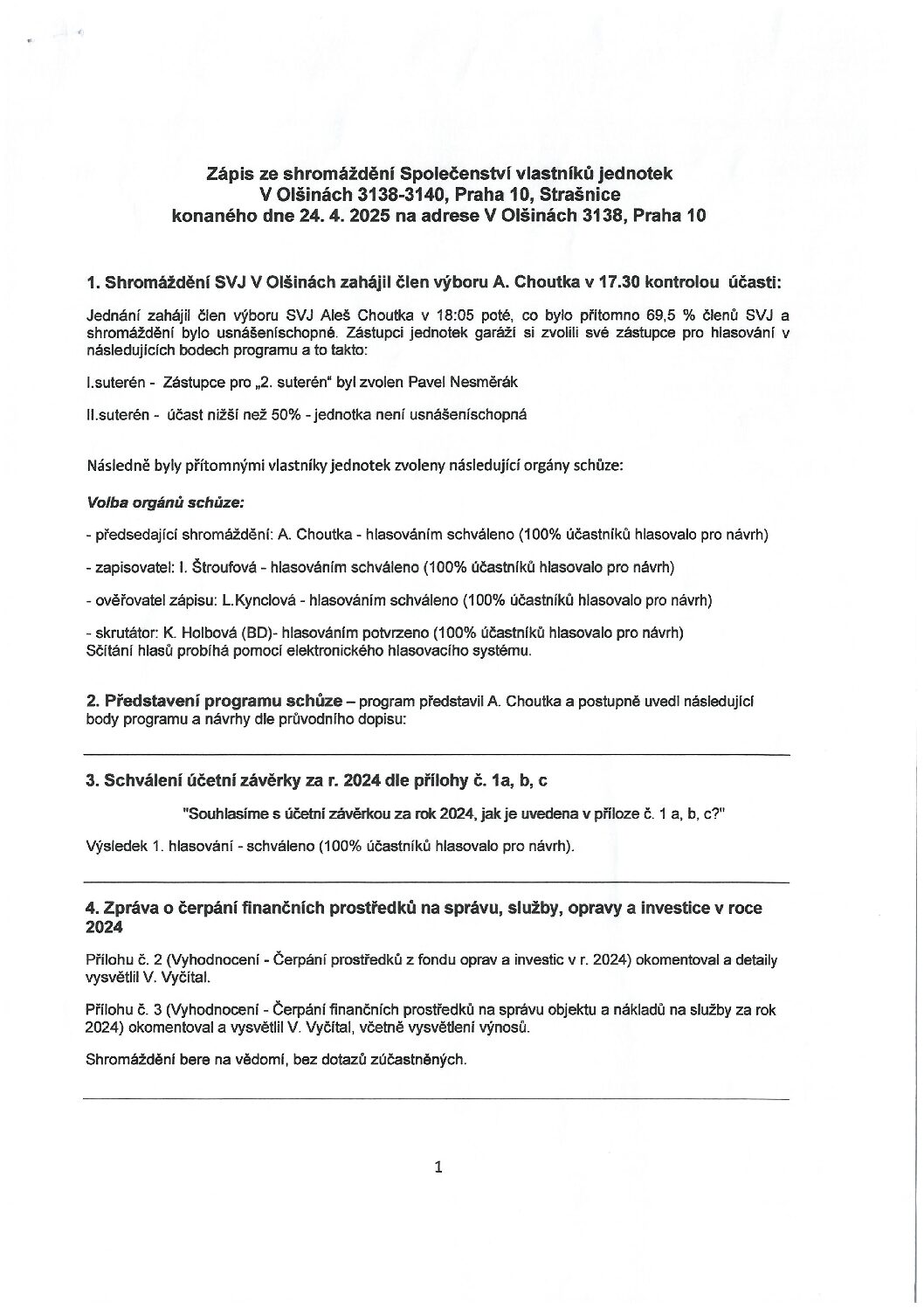 Zápis z Shromáždění vlastníků SVJ Olšiny 24. 4. 2025