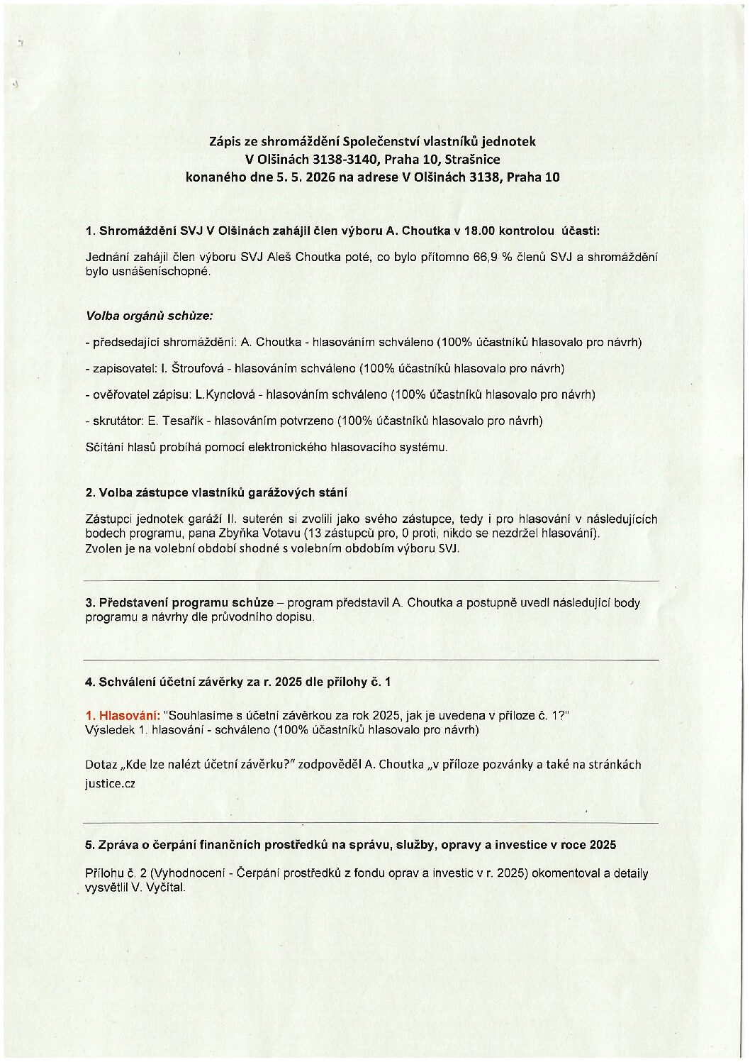 Zápis ze Shromáždění vlastníků SVJ Olšiny 5. 5. 2026