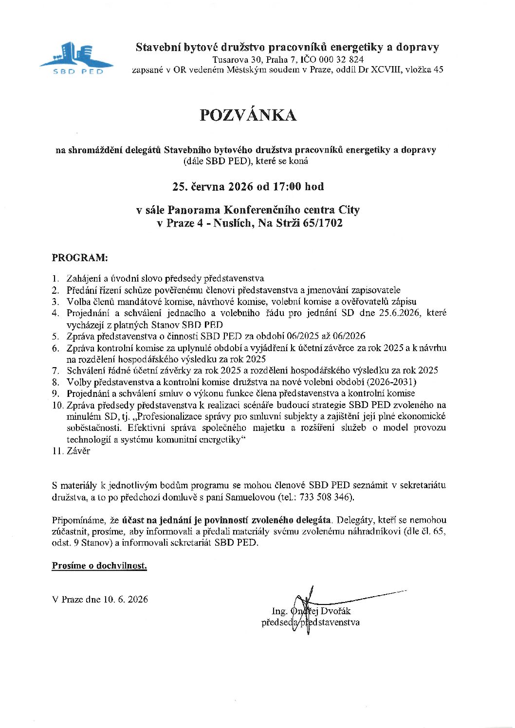 Pozvánka na shromáždění delegátů 25. 6. 2026 – úprava 10. 6. 2026